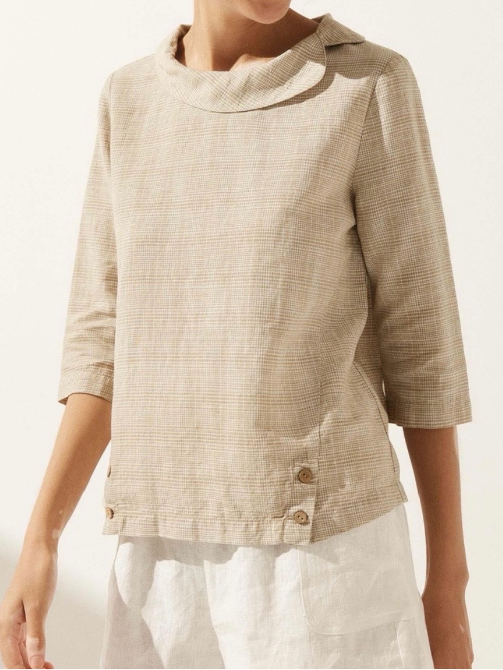 Lintico NWT Linen Gingham Checked Round Soft-Fold Collar Top Tan Beige Large